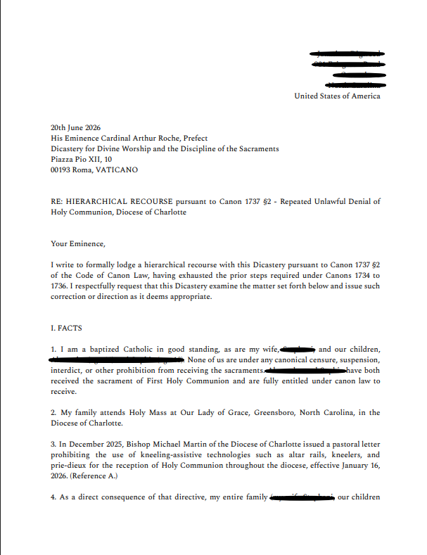 Published in full: Cardinal Roche receives recourse from Charlotte father after family says Communion was denied at altar rail