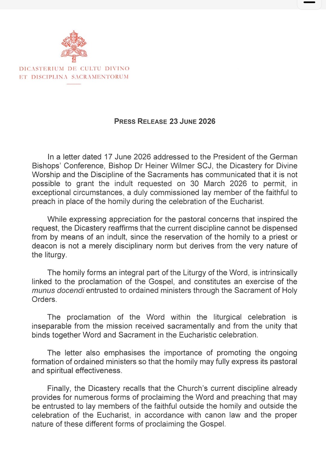 Vatican letter rules on German bishops’ request for lay preaching at Mass